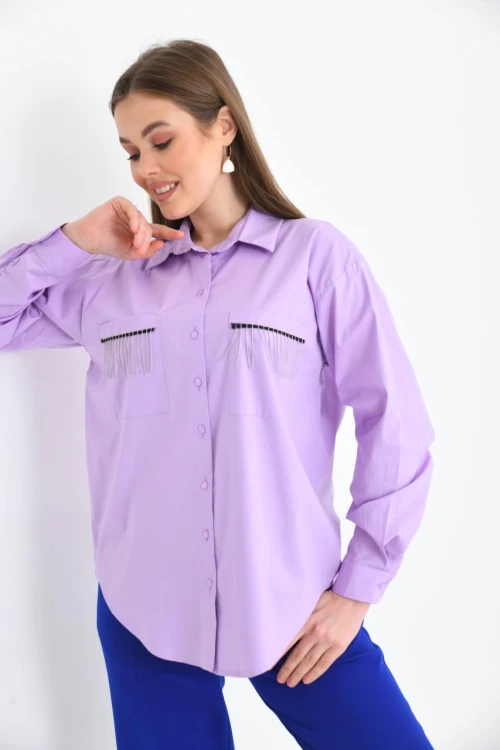 Kadın Lila Cep Zincir Süslemeli Çift Cep Detaylı Gömlek