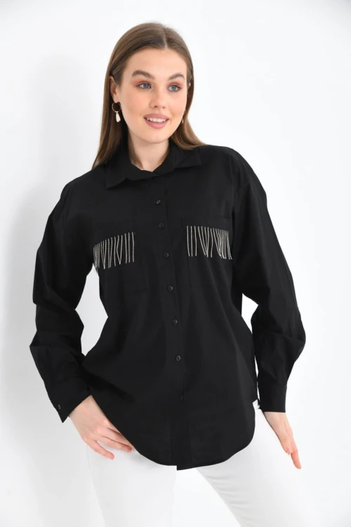 Kadın Siyah Cep Zincir Süslemeli Çift Cep Detaylı Gömlek