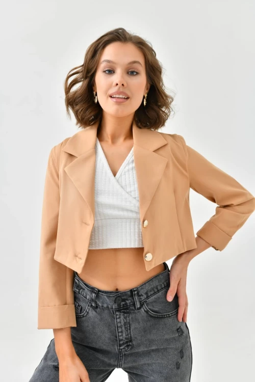 KADIN KAHVERENGİ CROP TARZ CEKET