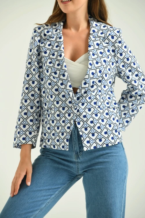 Kadın Blazer Desenli Bel Boy Blazer Ceket Mavi - T027