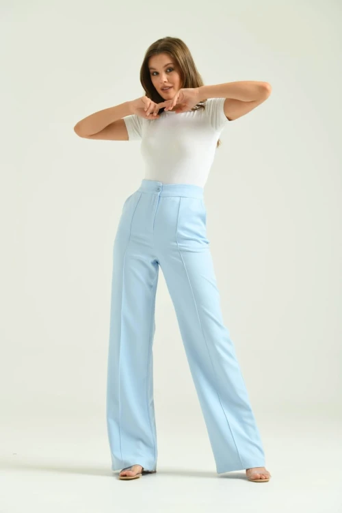 Kadın Pantolon Geniş Paça Likralı Cepli Düğmeli Kadın Pantolon Mavi - T019
