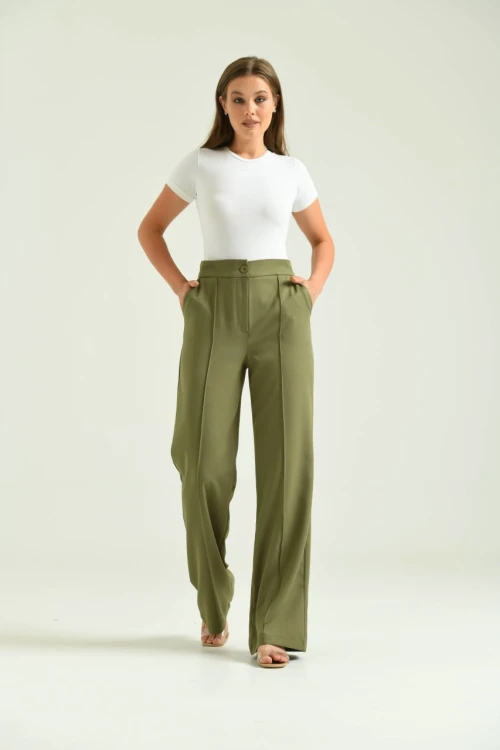 Kadın Pantolon Geniş Paça Likralı Cepli Düğmeli Kadın Pantolon Haki - T019