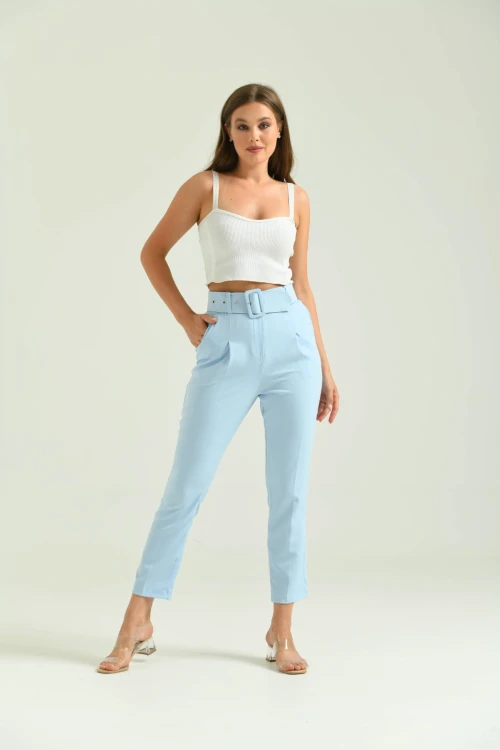 Kadın Pantolon Kemer Detaylı Basic Kadın Pantolon Mavi - T018 