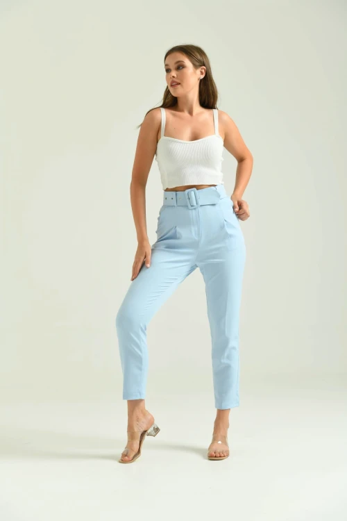 Kadın Pantolon Kemer Detaylı Basic Kadın Pantolon Mavi - T018 