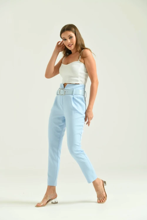 Kadın Pantolon Yüksel Bel Kemer Detay Havuç Pantolon Mavi - T016