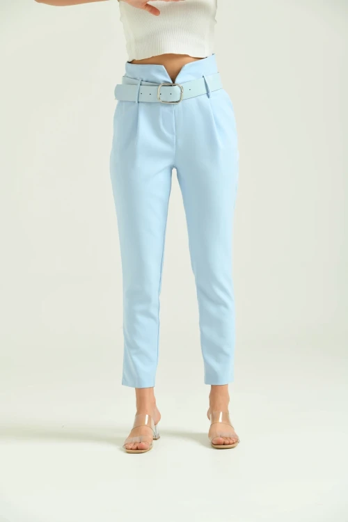 Kadın Pantolon Yüksel Bel Kemer Detay Havuç Pantolon Mavi - T016