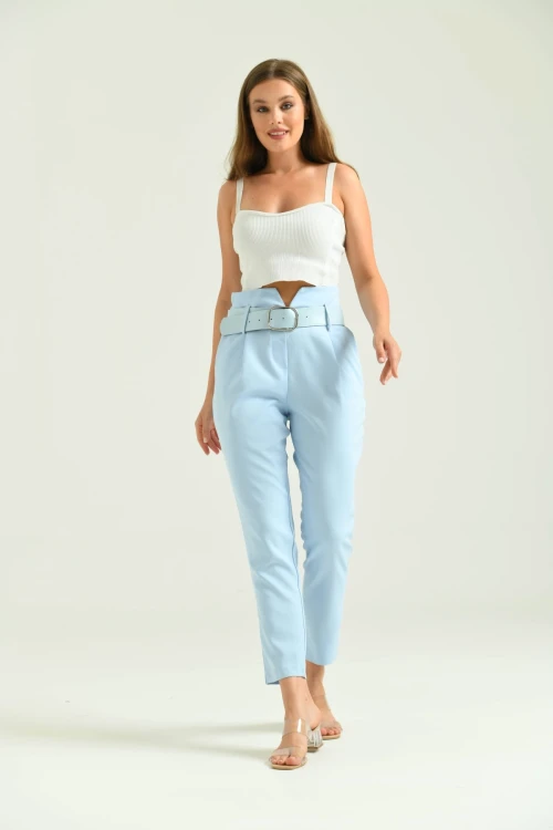 Kadın Pantolon Yüksel Bel Kemer Detay Havuç Pantolon Mavi - T016