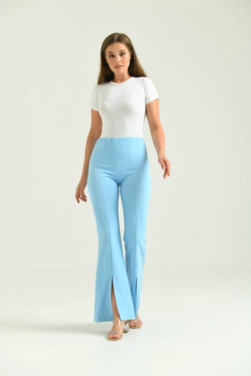Kadın Pantolon  Paça Detaylı Toparlayıcı Yüksel Bel Kumaş Pantolon Mavi - T111