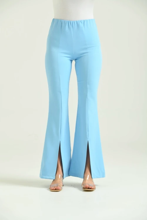 Kadın Pantolon  Paça Detaylı Toparlayıcı Yüksel Bel Kumaş Pantolon Mavi - T111