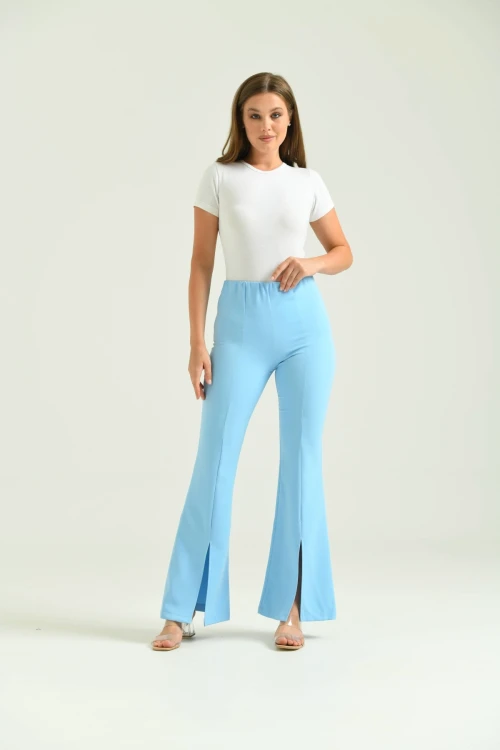 Kadın Pantolon  Paça Detaylı Toparlayıcı Yüksel Bel Kumaş Pantolon Mavi - T111