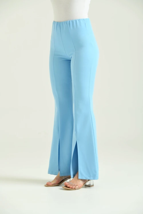 Kadın Pantolon  Paça Detaylı Toparlayıcı Yüksel Bel Kumaş Pantolon Mavi - T111