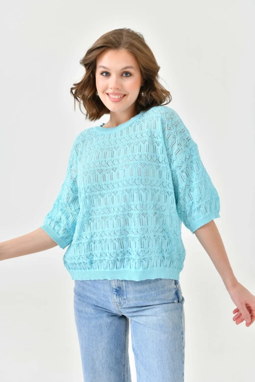 Kadın Mint Ajurlu Mevsimlik Salaş Triko Kazak