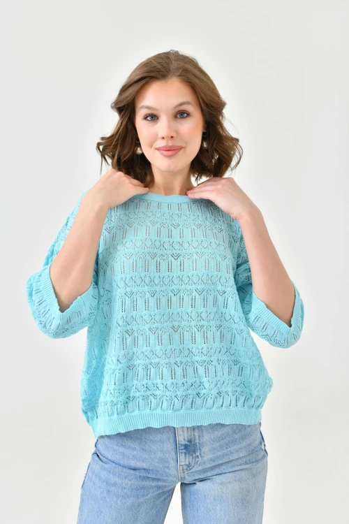 Kadın Mint Ajurlu Mevsimlik Salaş Triko Kazak