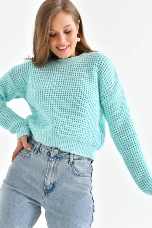 Kadın Kazak Bisiklet Yaka Tek Renk Örme Kazak Mint - 225004