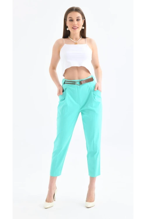 KADIN MİNT Deri Kemerli Dar Paça  Pantolon