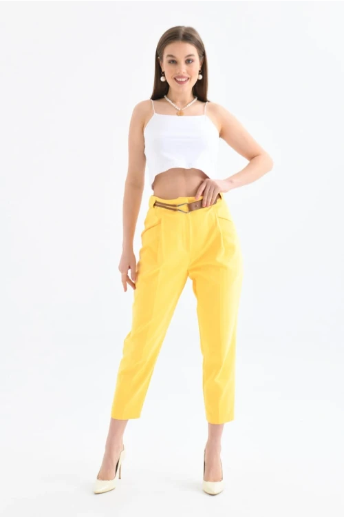 KADIN SARI Deri Kemerli Dar Paça  Pantolon