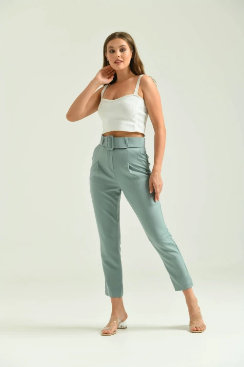 Kadın Pantolon Kemer Detaylı Basic Kadın Pantolon Mint - T018