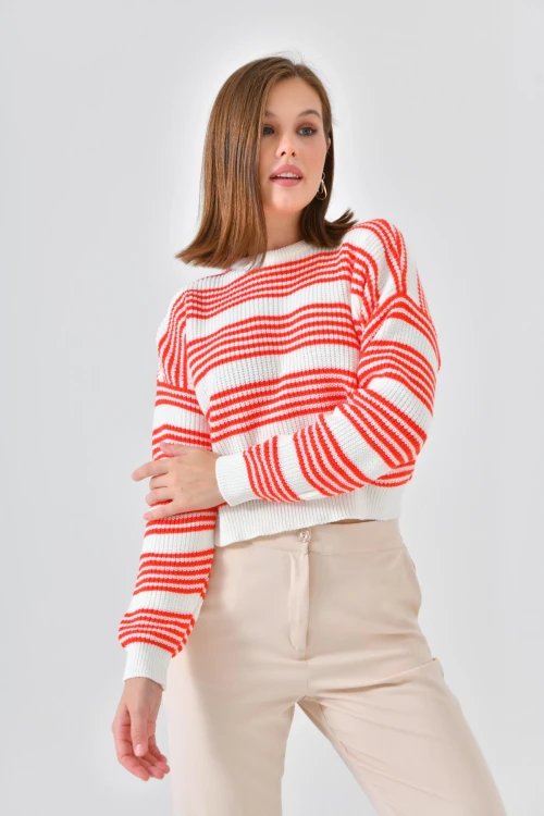 KADIN NAR BİSİKLET YAKA ÇİFT RENK ÇİZGİLİ MODEL KAZAK