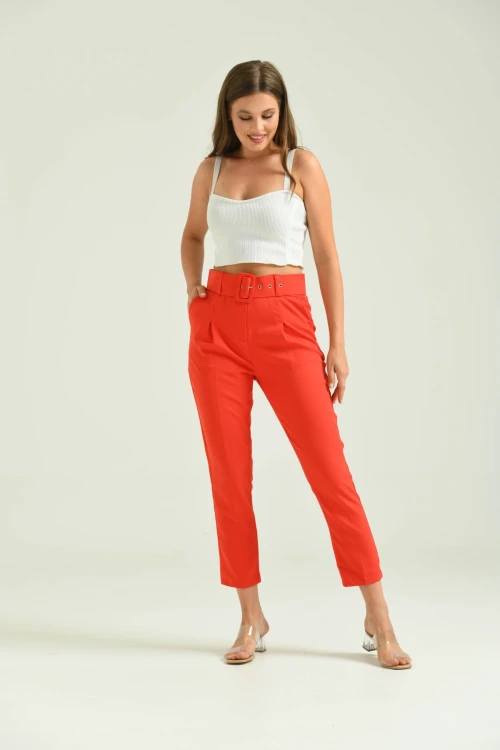 Kadın Pantolon Kemer Detaylı Basic Kadın Pantolon Nar - T018