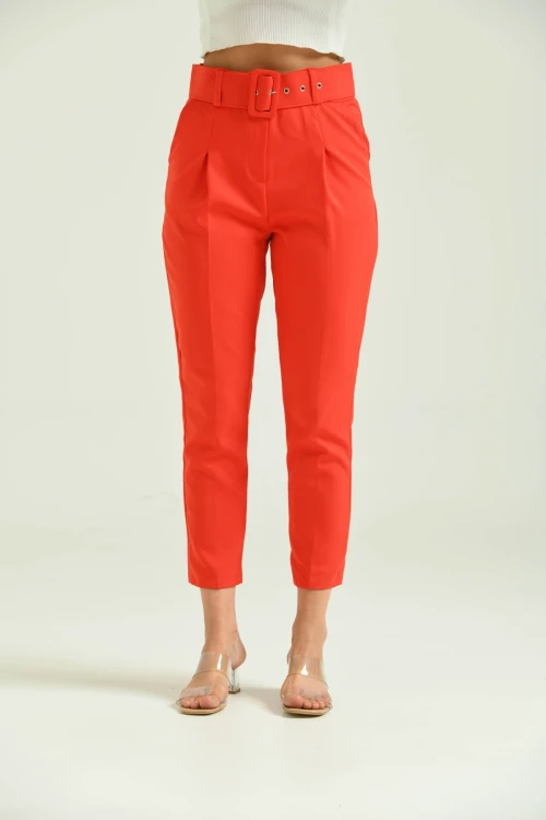 Kadın Pantolon Kemer Detaylı Basic Kadın Pantolon Nar - T018