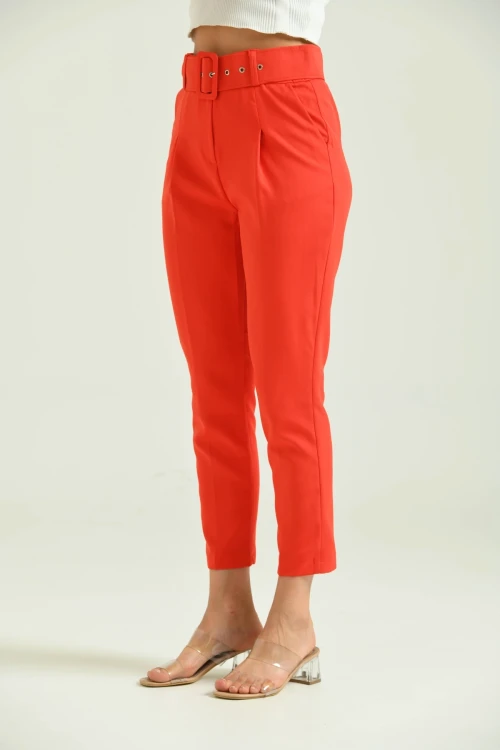 Kadın Pantolon Kemer Detaylı Basic Kadın Pantolon Nar - T018