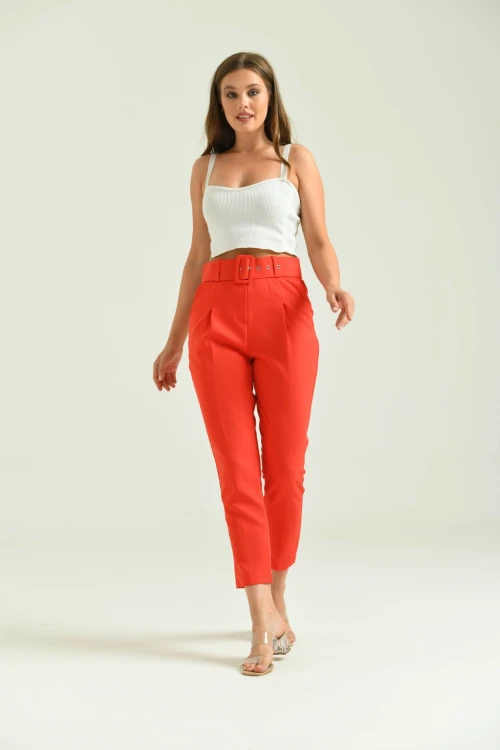 Kadın Pantolon Kemer Detaylı Basic Kadın Pantolon Nar - T018