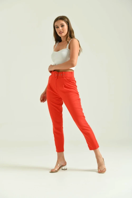 Kadın Pantolon Kemer Detaylı Basic Kadın Pantolon Nar - T018