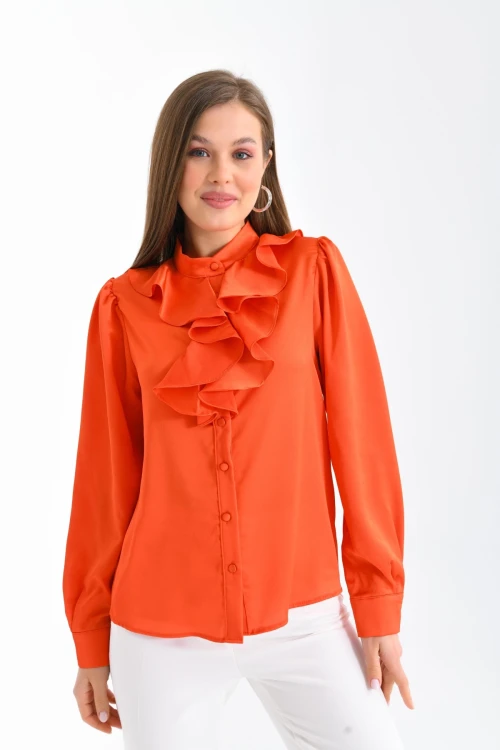 Kadın Gömlek Pudra Volan Yaka Saten Gömlek Nar - 33033