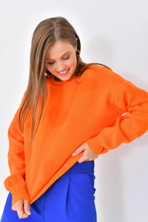 10318 KADIN ORANGE BİSİKLET YAKA KALP DESENLİ KAZAK