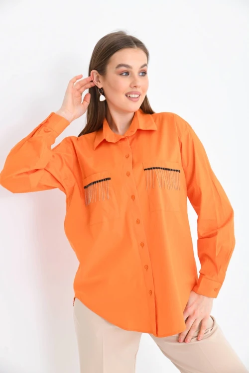 Kadın Orange Cep Zincir Süslemeli Çift Cep Detaylı Gömlek