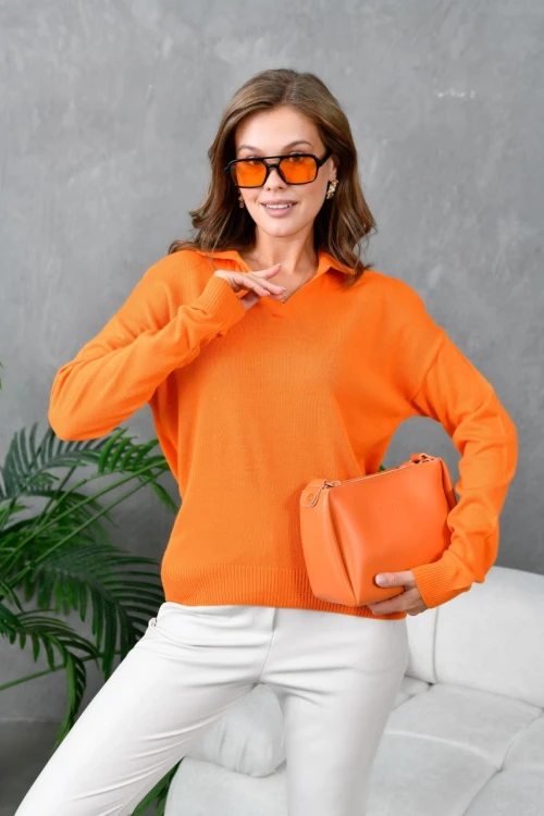 KADIN ORANGE V YAKALI KOL VE BEL LASTİKLİ TEK RENK KAZAK