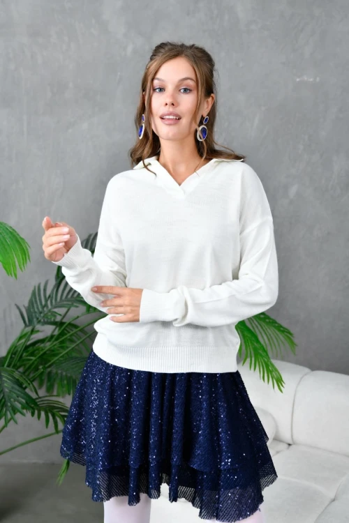 KADIN KEMİK V YAKALI KOL VE BEL LASTİKLİ TEK RENK KAZAK