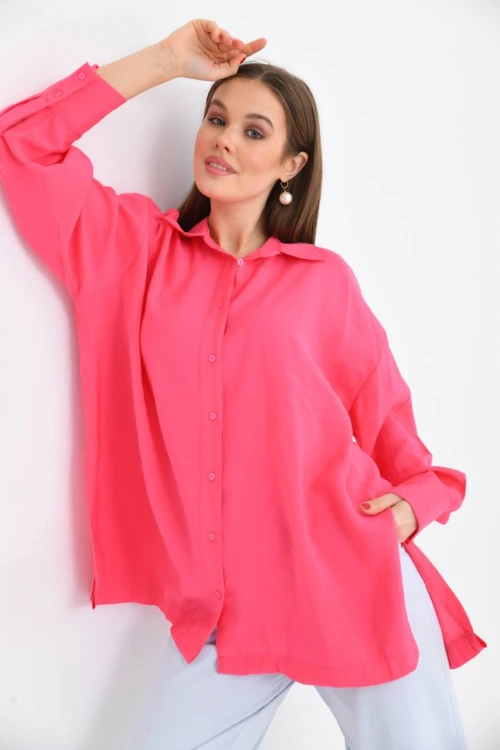 Şık Kadın Yan Yırtmaçlı Cepsiz Gömlek Fuşya - 23027