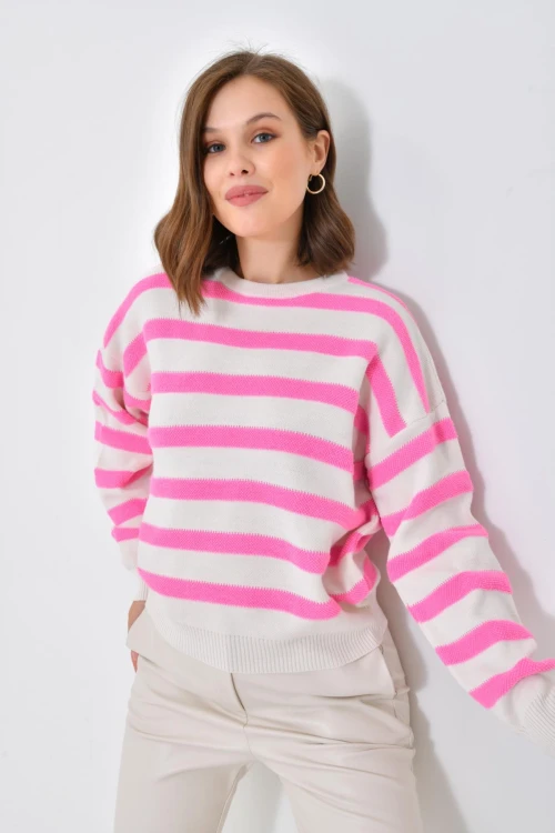 Kadın Kazak Bisiklet Yaka Çift Renk Bel ve Kol Lastikli Kadın Kazak Pembe - 10465