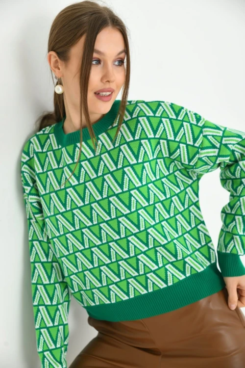 Kadın Kazak Bisiklet Yaka Desenli Kadın Kazak B.Yeşil - 224503