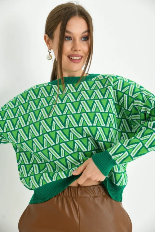 Kadın Kazak Bisiklet Yaka Desenli Kadın Kazak B.Yeşil - 224503