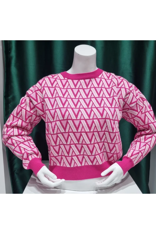 Kadın Kazak Bisiklet Yaka Desenli Kadın Kazak Pembe - 224503