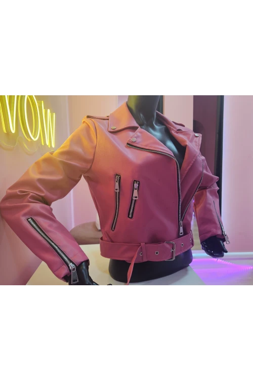 Kadın Mont Çok Cepli Bel Kemer Detaylı Deri Mont Pembe BİR BEDEN BÜYÜK ALINIZ -  M020