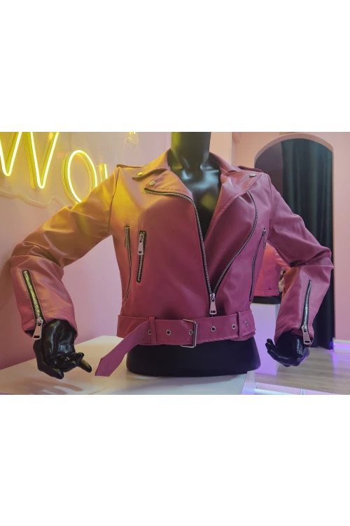 Kadın Mont Çok Cepli Bel Kemer Detaylı Deri Mont Pembe BİR BEDEN BÜYÜK ALINIZ -  M020