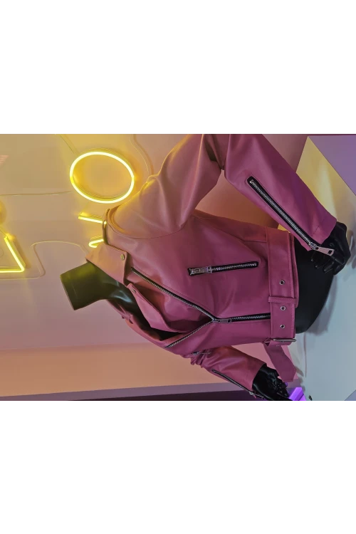 Kadın Mont Çok Cepli Bel Kemer Detaylı Deri Mont Pembe BİR BEDEN BÜYÜK ALINIZ -  M020