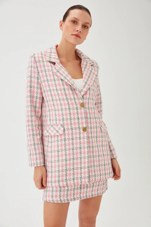 Kadın Pembe Ekose Desen Uzun Blazer Kısa Etek Takım