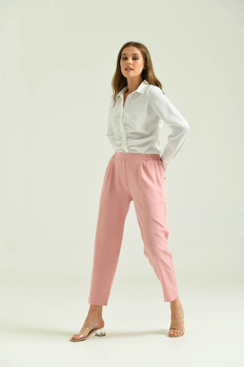 Kadın Pantolon Bel Lastikli Rahat Pantolon Pudra - T116