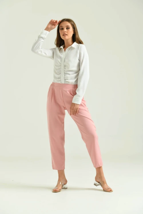 Kadın Pantolon Bel Lastikli Rahat Pantolon Pudra - T116