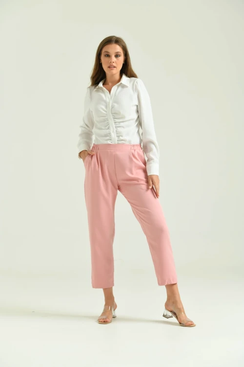 Kadın Pantolon Bel Lastikli Rahat Pantolon Pudra - T116