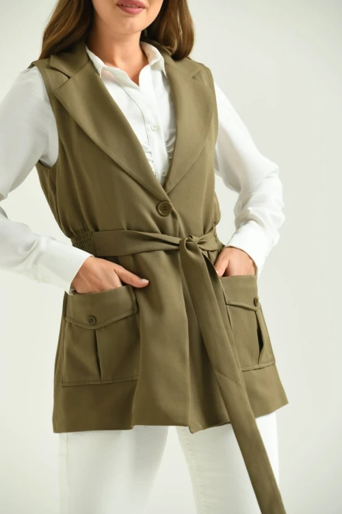 Kadın Cepli Yelek Belden Büzgülü Kemerli Çift Cep Kadın Yelek Haki - T110