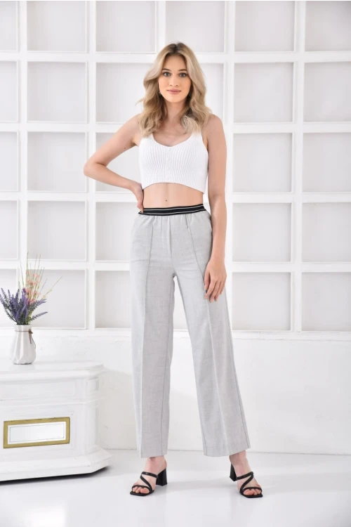 Kadın Pantolon Beli Lastikli Geniş Paça Pantolon Taş - E044