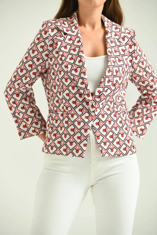 Kadın Blazer Desenli Bel Boy Blazer Ceket Pudra - T027