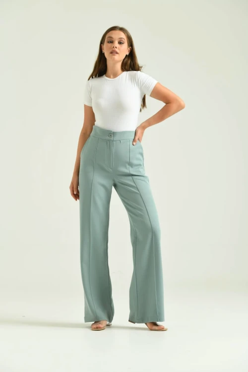 Kadın Pantolon Geniş Paça Likralı Cepli Düğmeli Kadın Pantolon Mint - T019