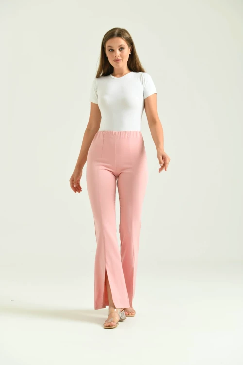 Kadın Pantolon  Paça Detaylı Toparlayıcı Yüksel Bel Kumaş Pantolon Pudra - T111