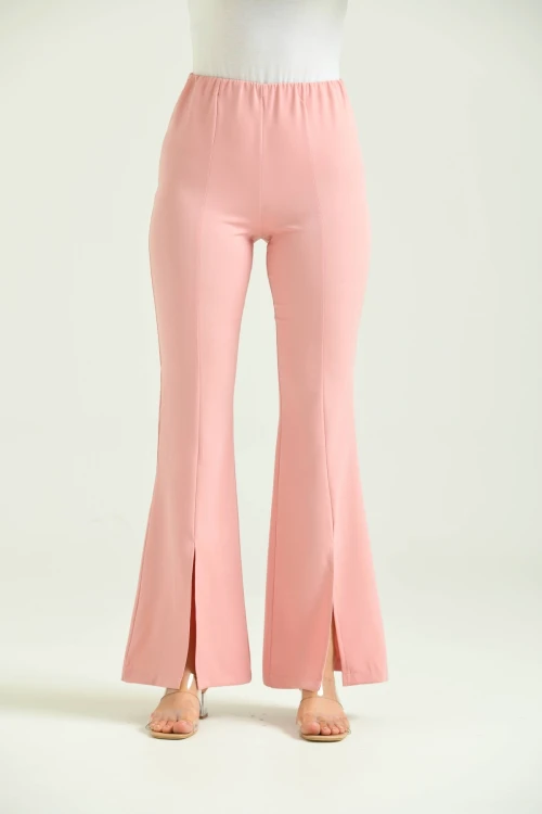 Kadın Pantolon  Paça Detaylı Toparlayıcı Yüksel Bel Kumaş Pantolon Pudra - T111